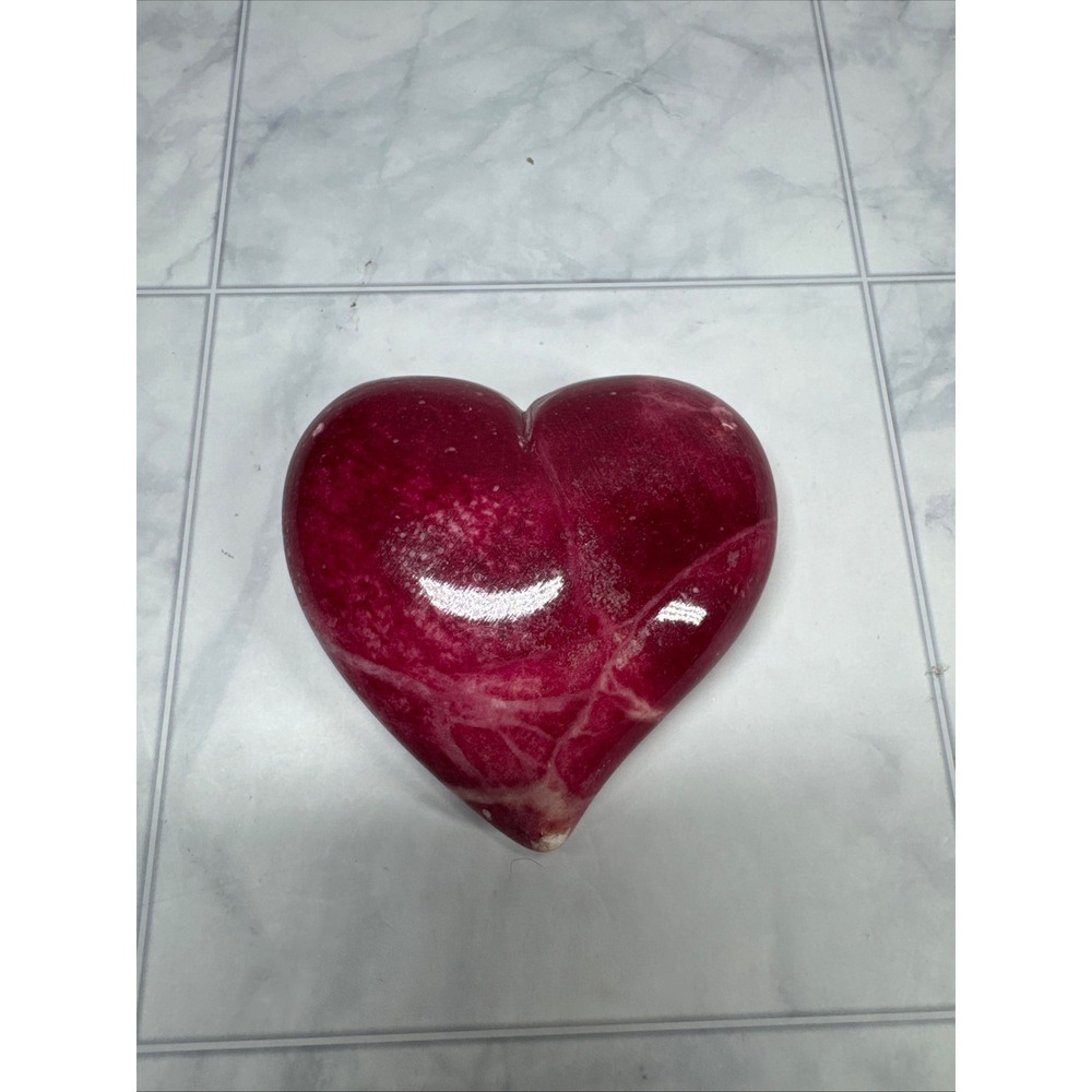 Polished Red Stone Heart Paperweight Marbled Red Pink Mineral Decor 3.5 Inch